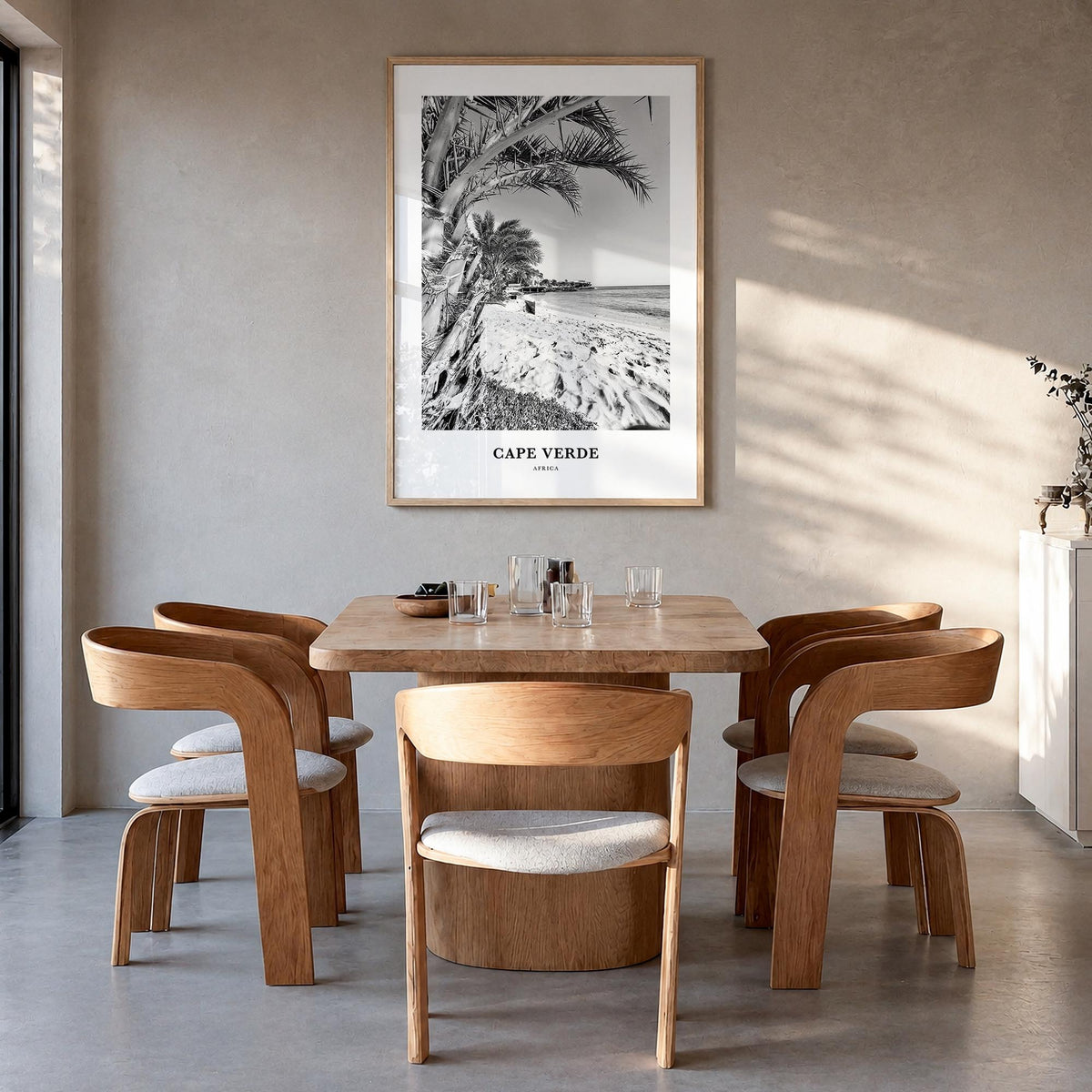 Cape Verde no. 1 black & white classic poster of Cabo Verde – vertical wall art in natural wood frame, hanging on wall