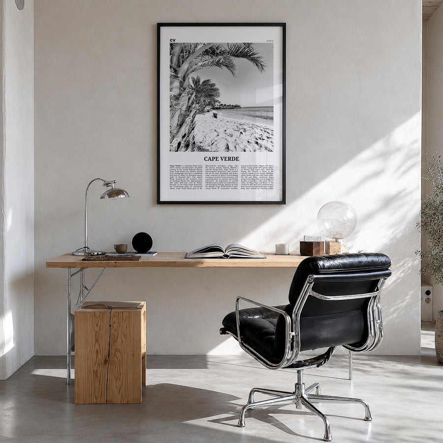 Cape Verde no. 1 black & white newspaper poster of Cabo Verde – vertical wall art in black wood frame, hanging on wall