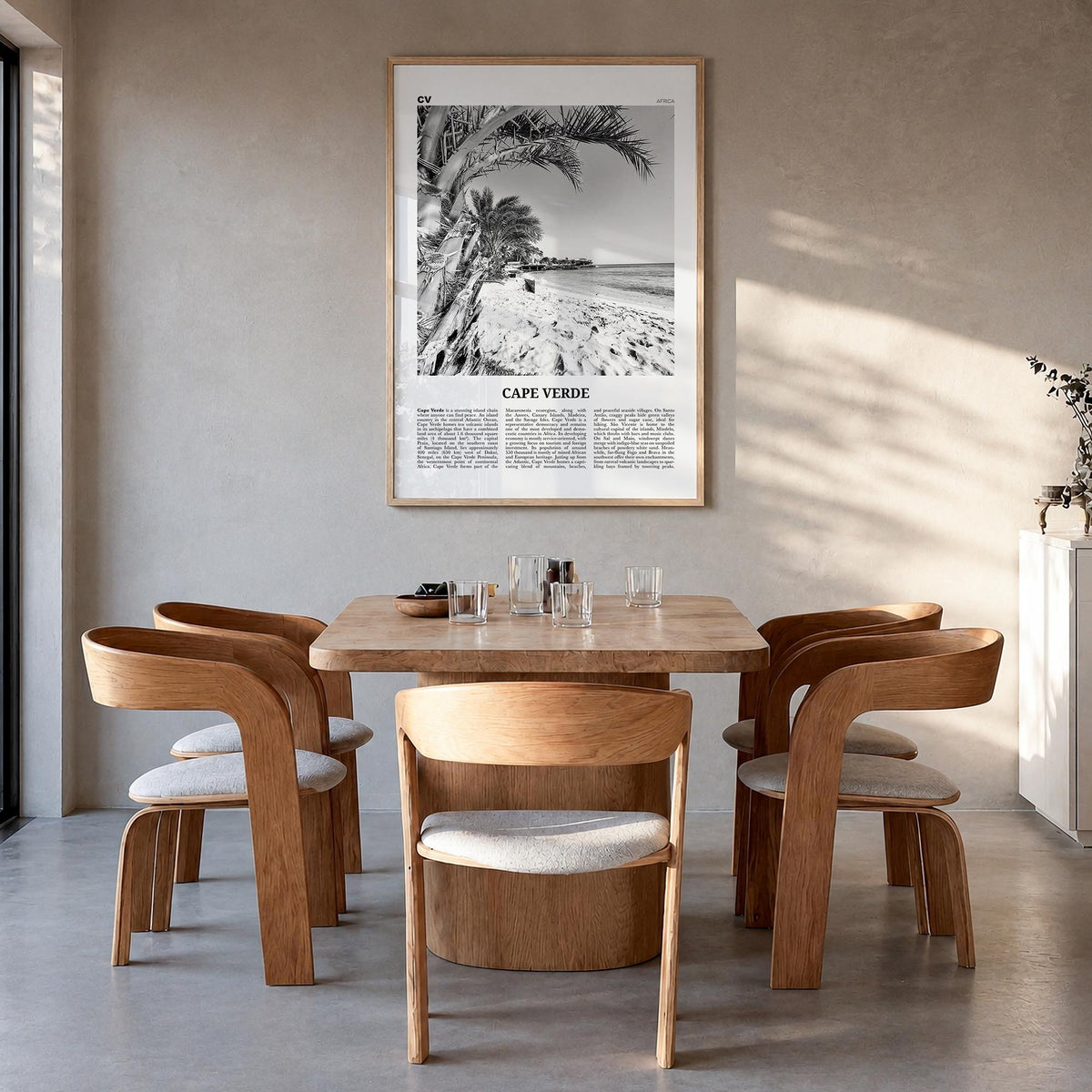 Cape Verde no. 1 black & white newspaper poster of Cabo Verde – vertical wall art in natural wood frame, hanging on wall