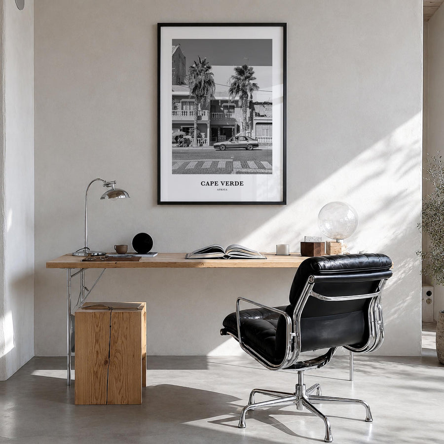 Cape Verde no. 2 black & white classic poster of Cabo Verde – vertical wall art in black wood frame, hanging on wall