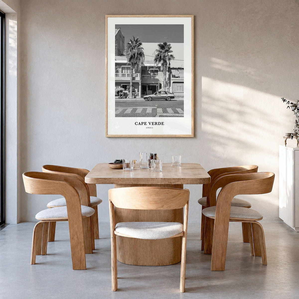 Cape Verde Classic No 2 Poster in a natural wood frame, hanging in a dining room