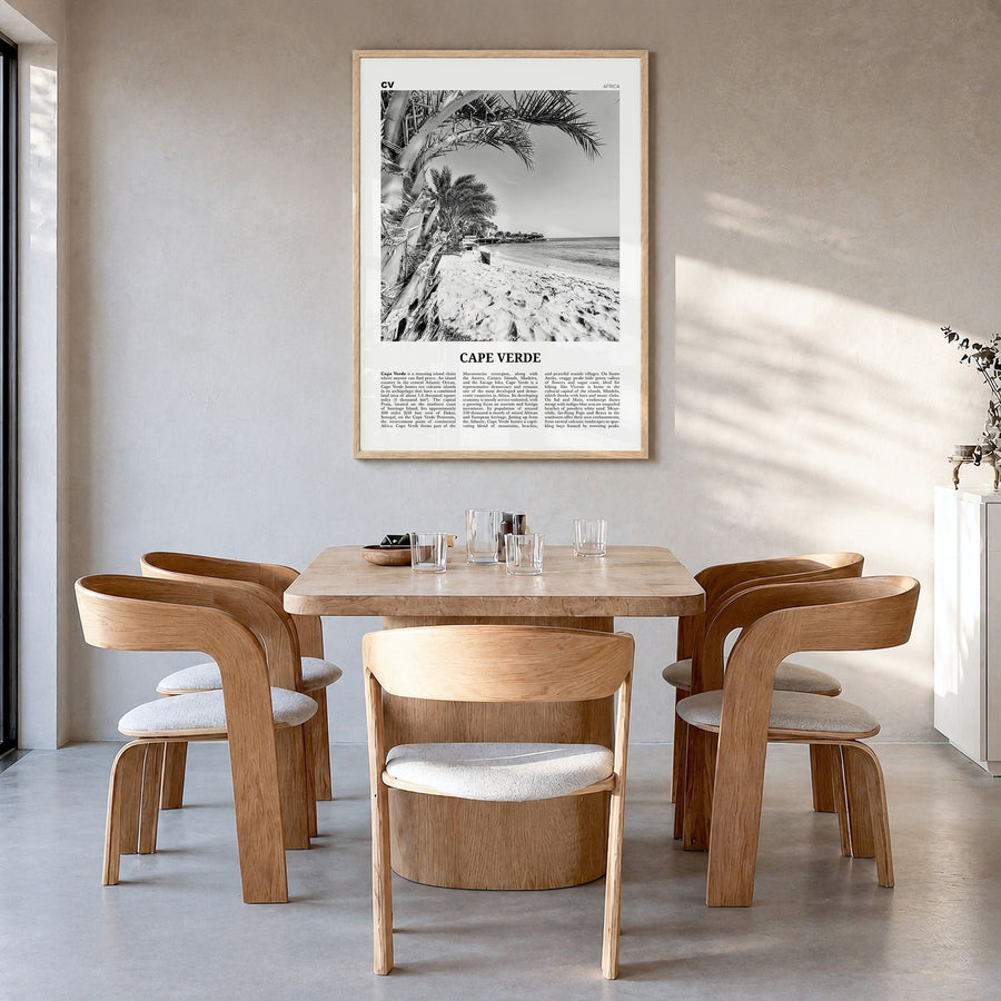 Cape Verde Newspaper No 1 Poster in a natural wood frame, hanging in a dining room