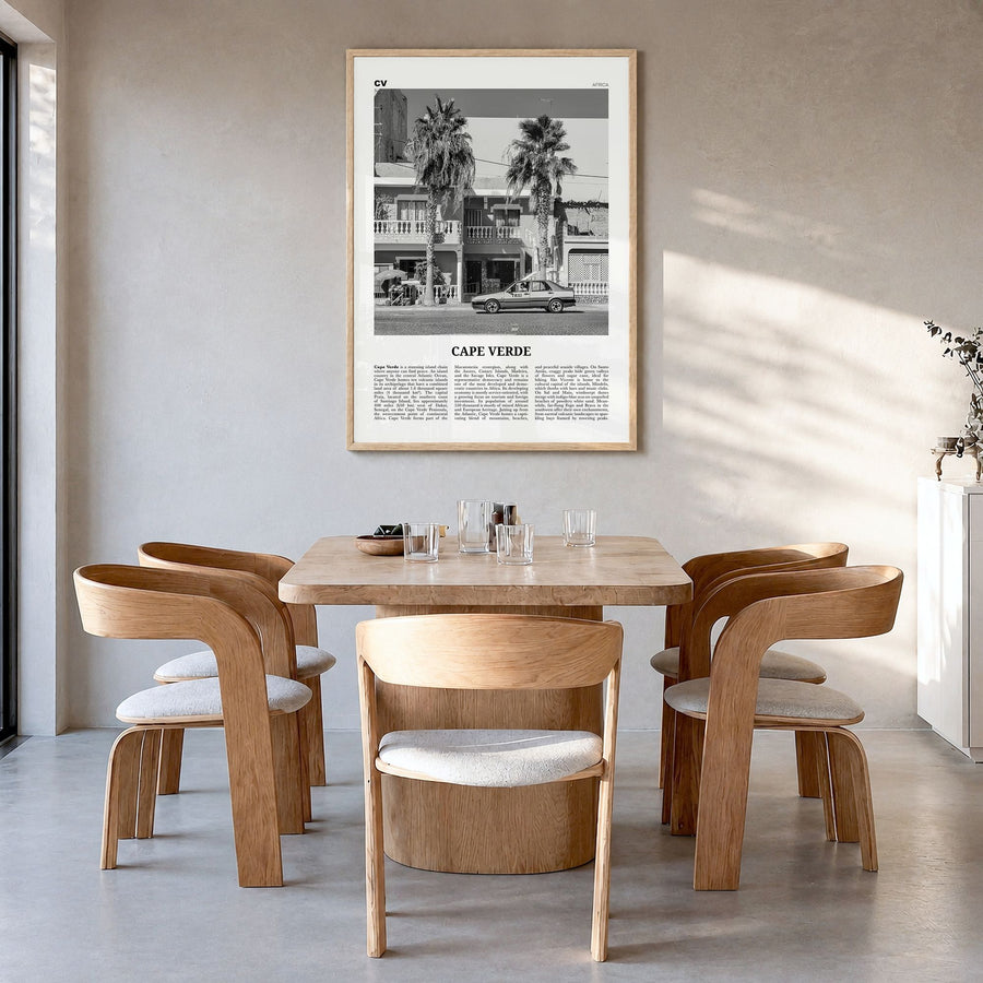 Cape Verde Newspaper No 2 Poster in a natural wood frame, hanging in a dining room