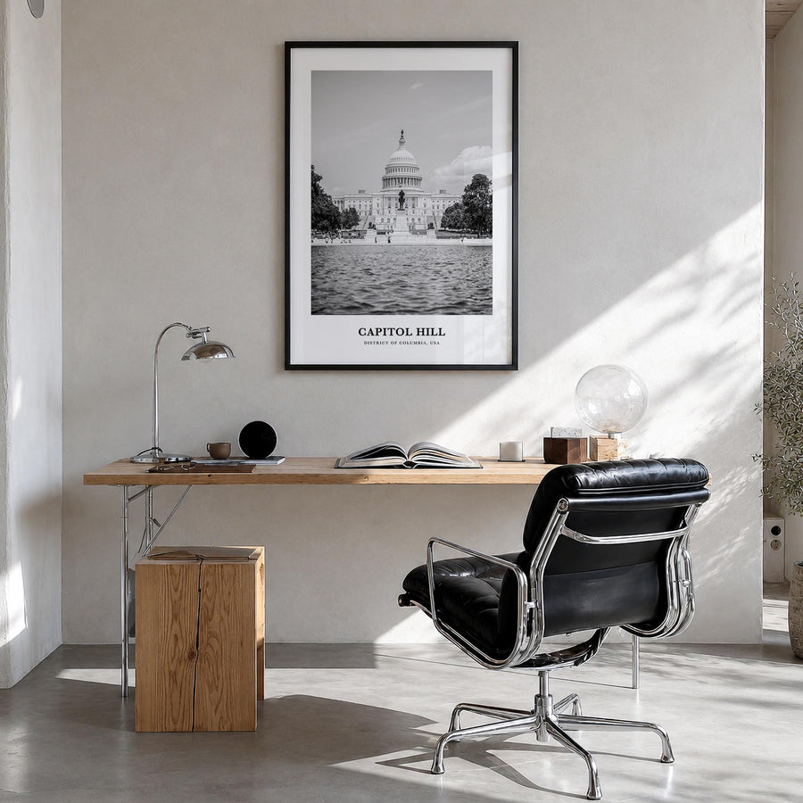 Capitol Hill black & white classic poster of District of Columbia, USA – vertical wall art in black wood frame, hanging on wa