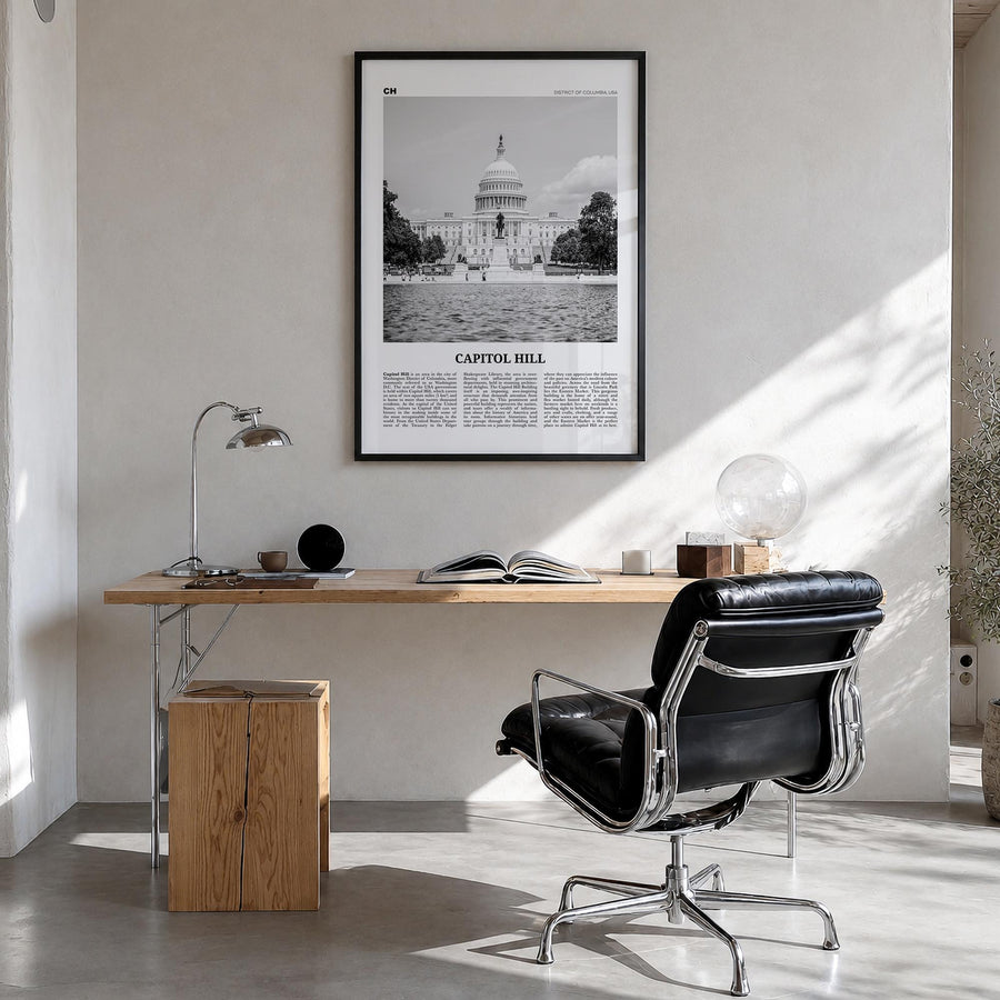 Capitol Hill black & white newspaper poster of District of Columbia, USA – vertical wall art in black wood frame, hanging on 