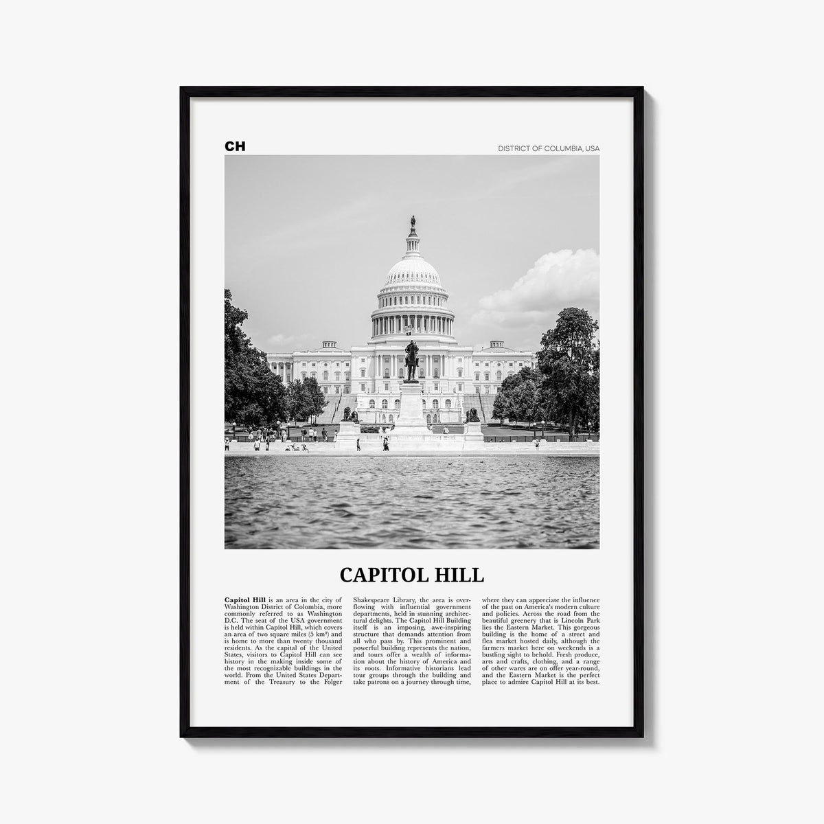 Capitol Hill black & white newspaper poster of District of Columbia, USA – vertical wall art, unframed print shown in interio