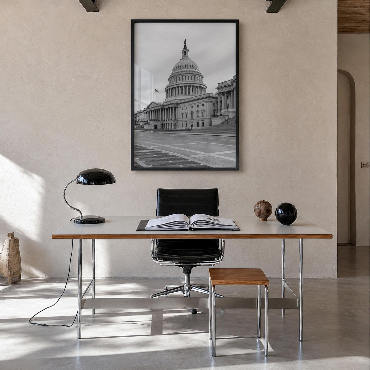 Capitol Hill black & white photo poster of District of Columbia, USA – vertical wall art in black wood frame, hanging on wall