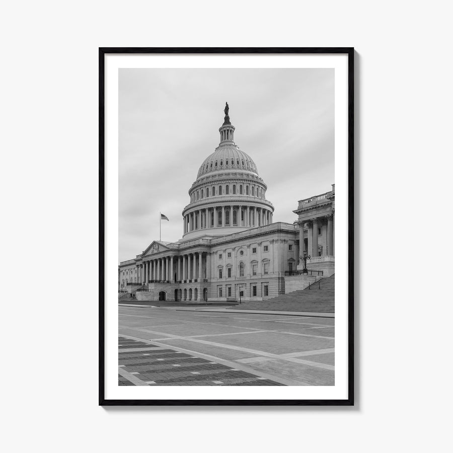 Capitol Hill black & white photo poster of District of Columbia, USA – vertical wall art, unframed print shown in interior mo
