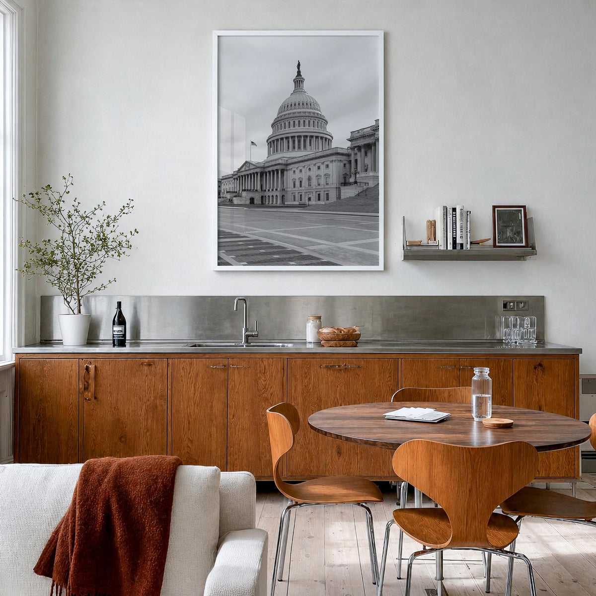 Capitol Hill black & white photo poster of District of Columbia, USA – vertical wall art in white wood frame, hanging on wall