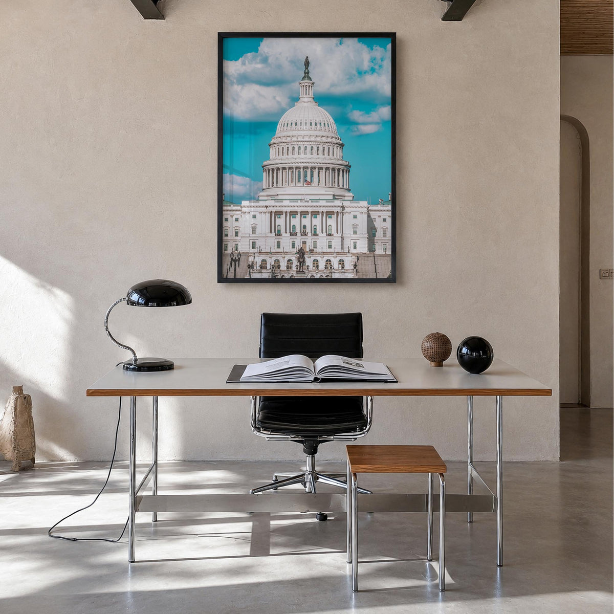 Capitol Hill colorful photo poster of District of Columbia, USA – vertical wall art in black wood frame, hanging on wall