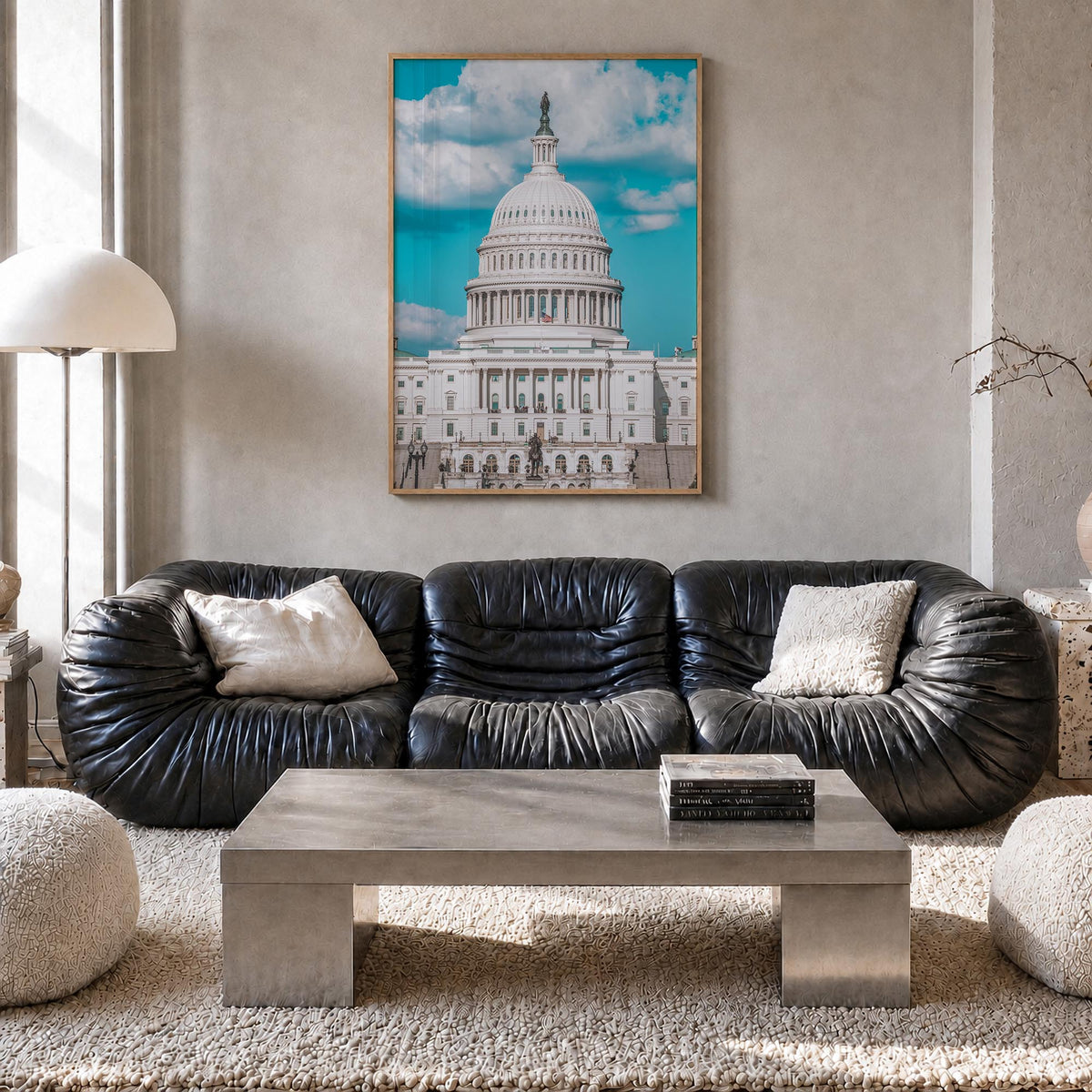 Capitol Hill colorful photo poster of District of Columbia, USA – vertical wall art in natural wood frame, hanging on wall
