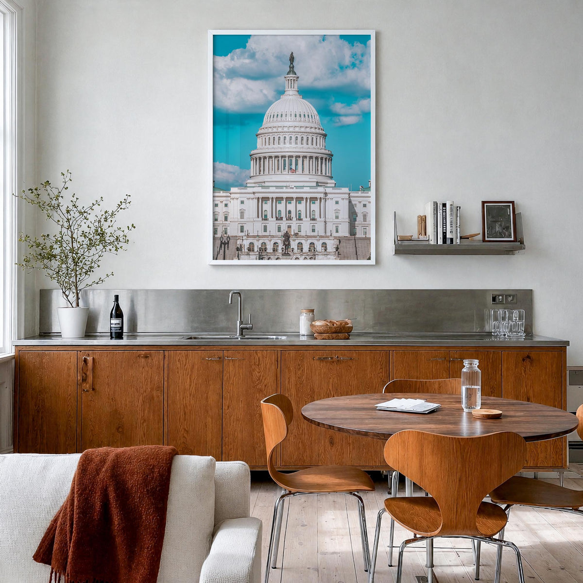Capitol Hill colorful photo poster of District of Columbia, USA – vertical wall art in white wood frame, hanging on wall