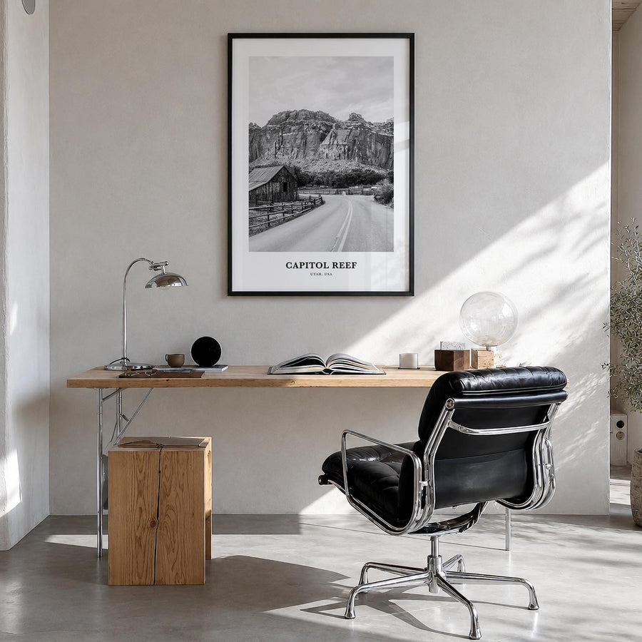 Capitol Reef National Park black & white classic poster of Utah, USA – vertical wall art in black wood frame, hanging on wall