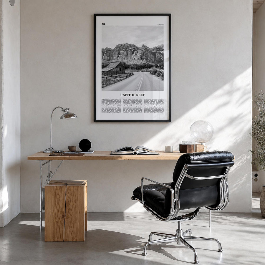 Capitol Reef National Park black & white newspaper poster of Utah, USA – vertical wall art in black wood frame, hanging on wa
