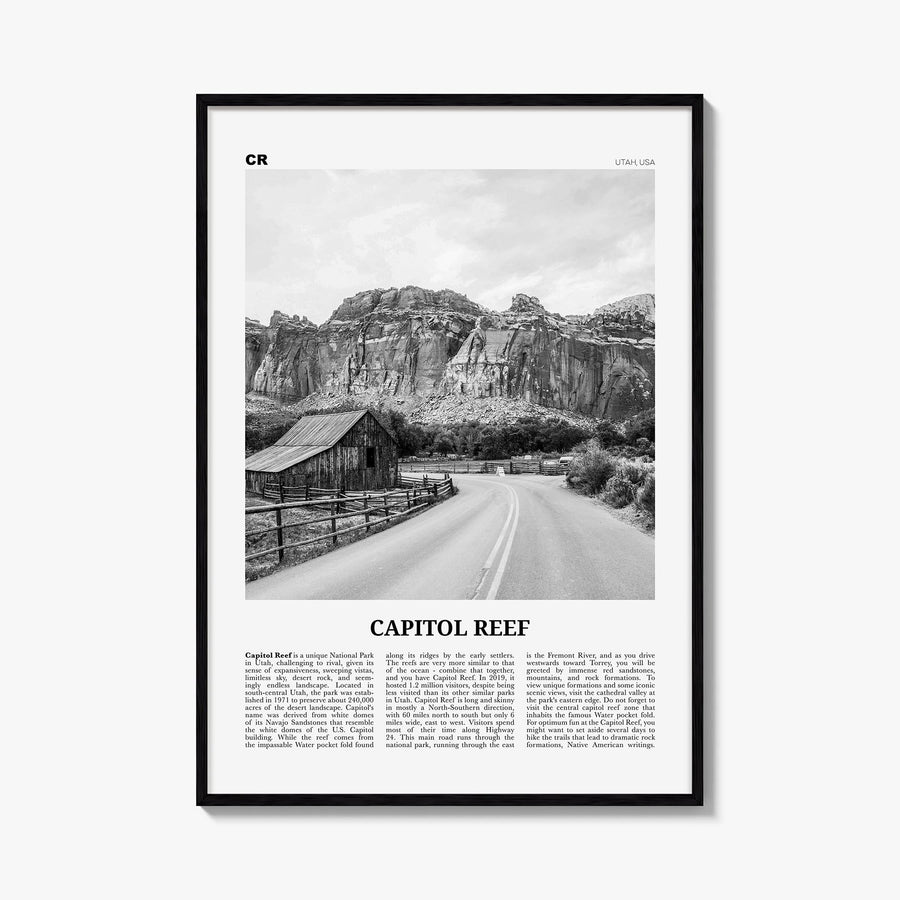 Capitol Reef National Park black & white newspaper poster of Utah, USA – vertical wall art, unframed print shown in interior 