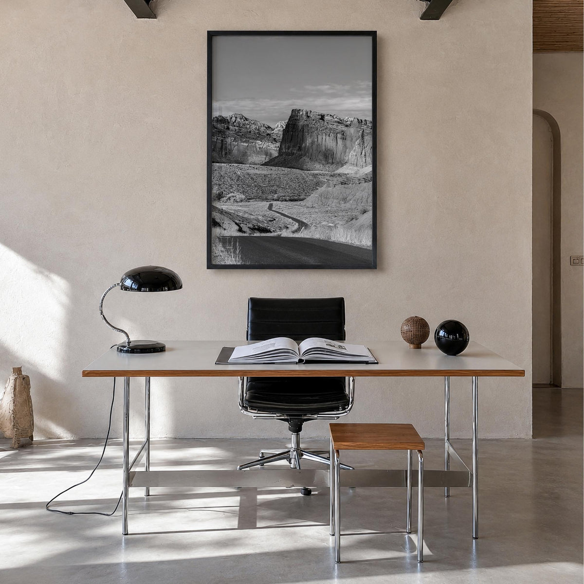 Capitol Reef National Park black & white photo poster of Utah, USA – vertical wall art in black wood frame, hanging on wall