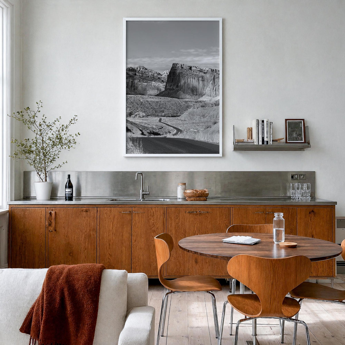Capitol Reef National Park black & white photo poster of Utah, USA – vertical wall art in white wood frame, hanging on wall