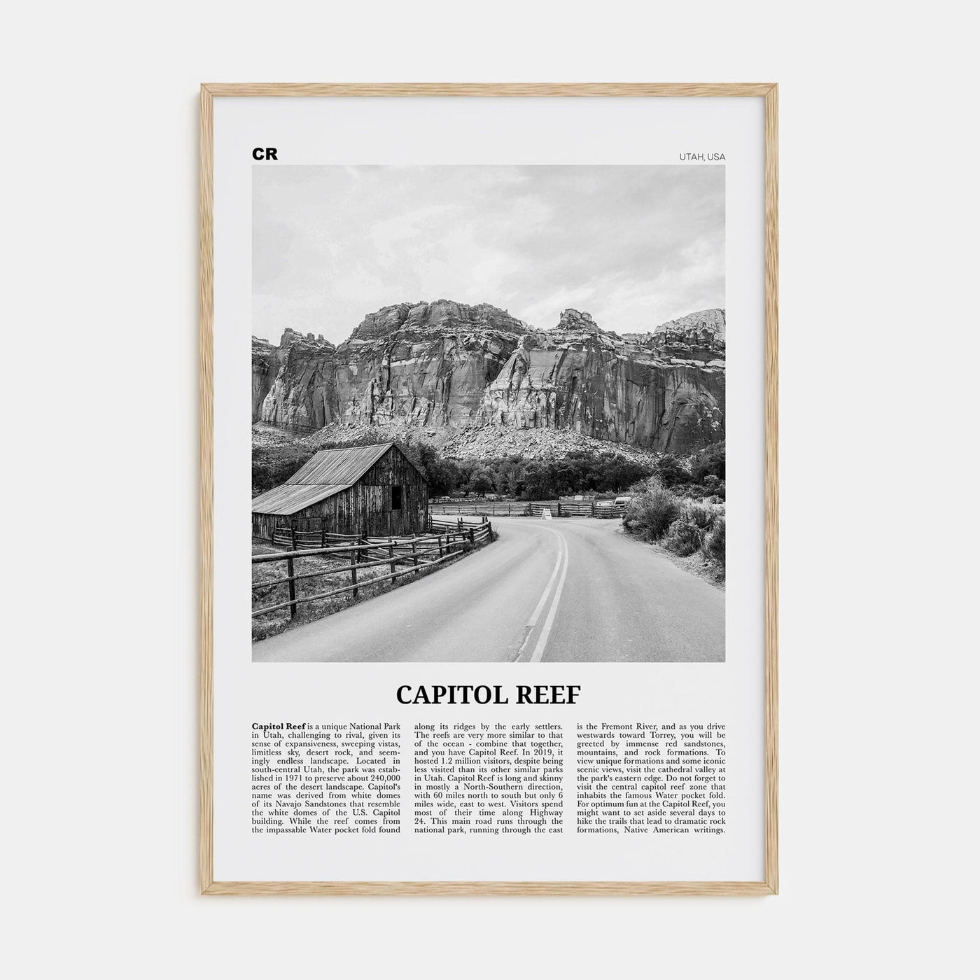 Capitol Reef National Park Poster Natural Wood / 8x12 in Nbourhood Travel B&W Poster