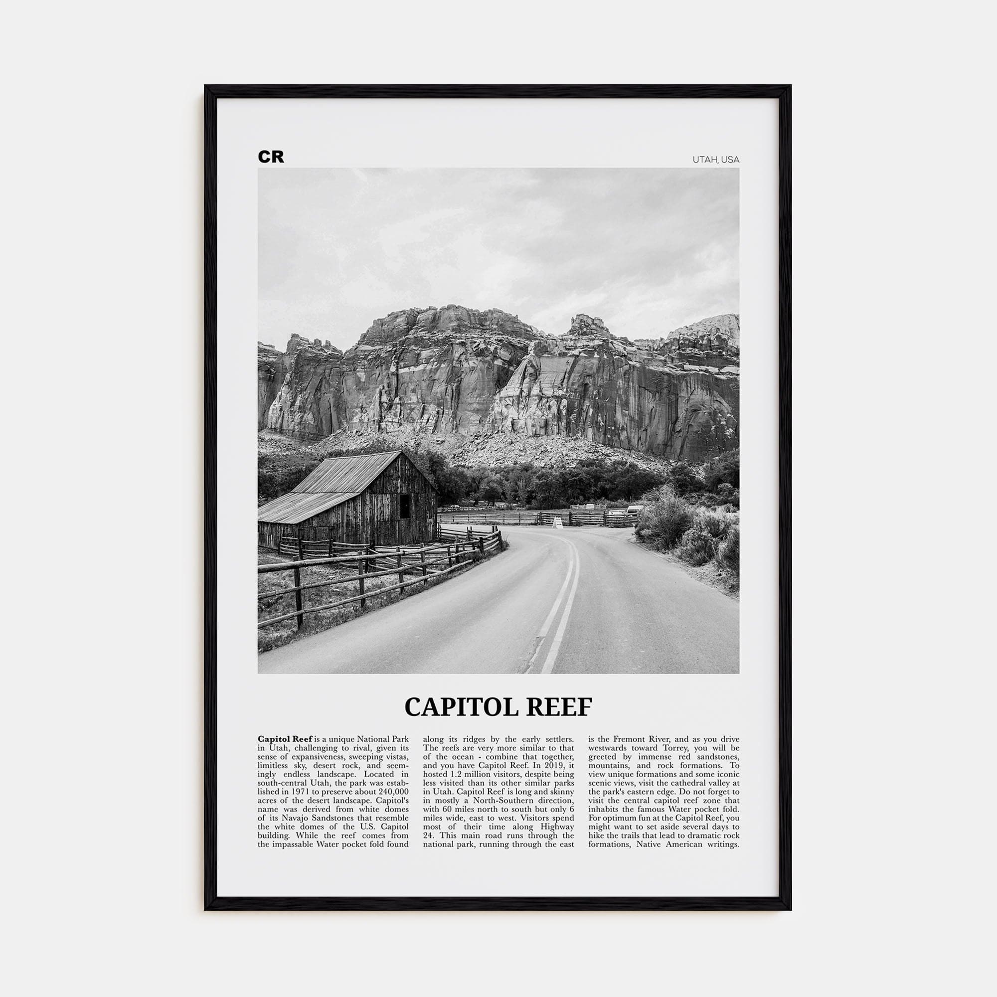 Capitol Reef National Park Poster Black Wood / 8x12 in Nbourhood Travel B&W Poster