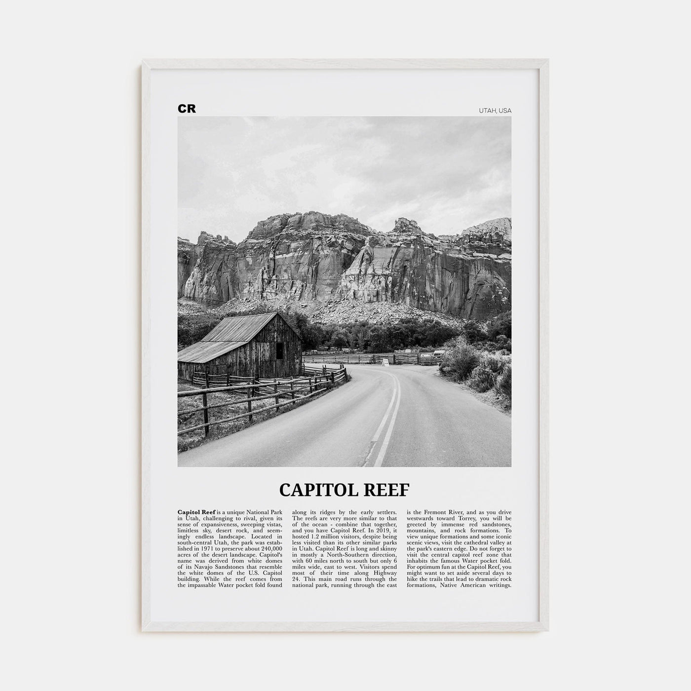 Capitol Reef National Park Poster White Wood / 8x12 in Nbourhood Travel B&W Poster