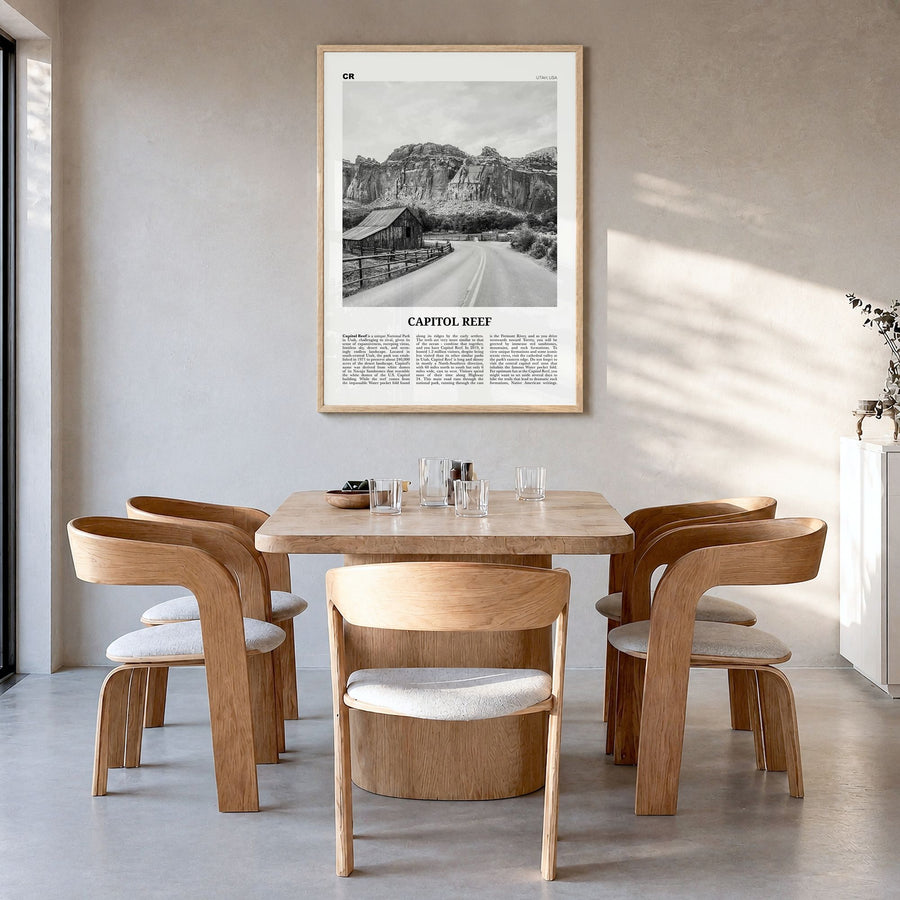 Capitol Reef National Park Newspaper Poster in a natural wood frame, hanging in a dining room