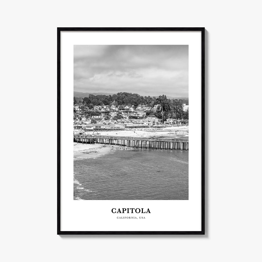 Capitola black & white classic poster of California, USA – vertical wall art, unframed print shown in interior mockup
