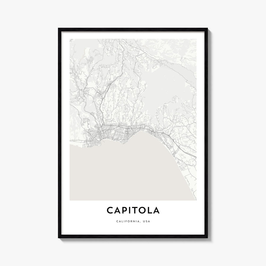 Capitola black & white map poster of California, USA – vertical wall art, unframed print shown in interior mockup