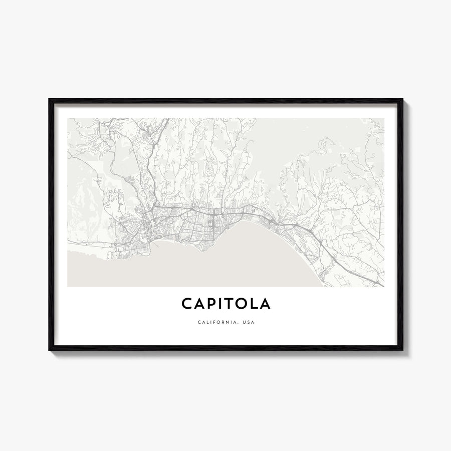 Capitola black & white map poster of California, USA – horizontal wall art, unframed print shown in interior mockup
