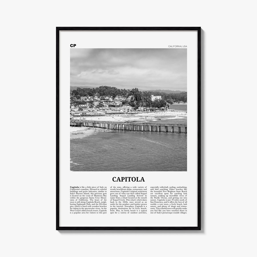 Capitola black & white newspaper poster of California, USA – vertical wall art, unframed print shown in interior mockup