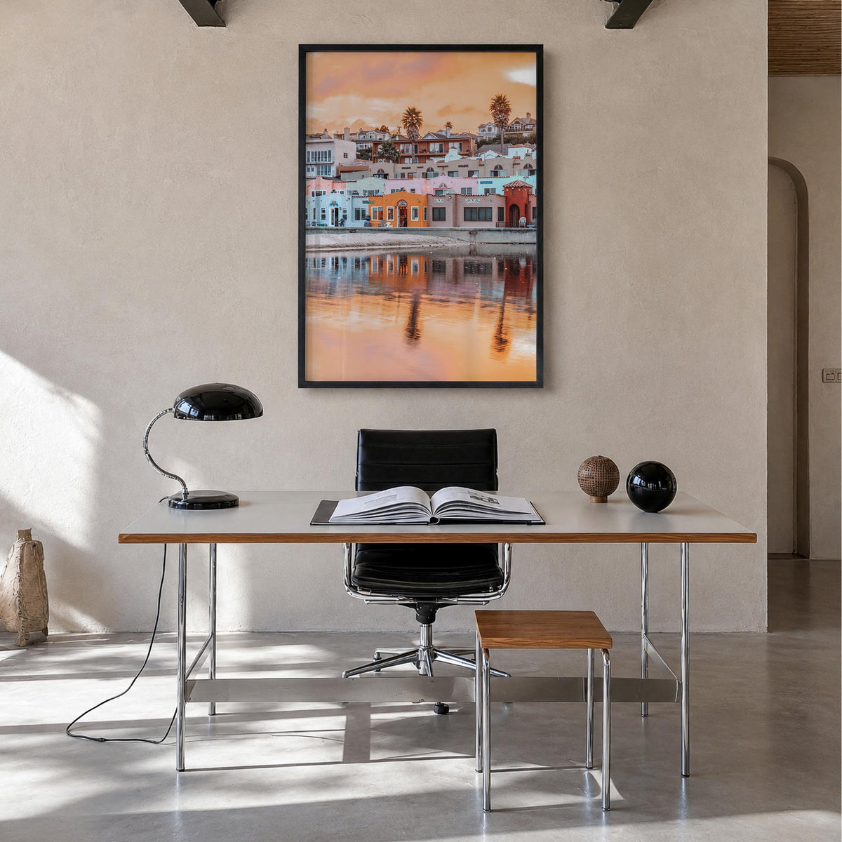 Capitola colorful photo poster of California, USA – vertical wall art in black wood frame, hanging on wall