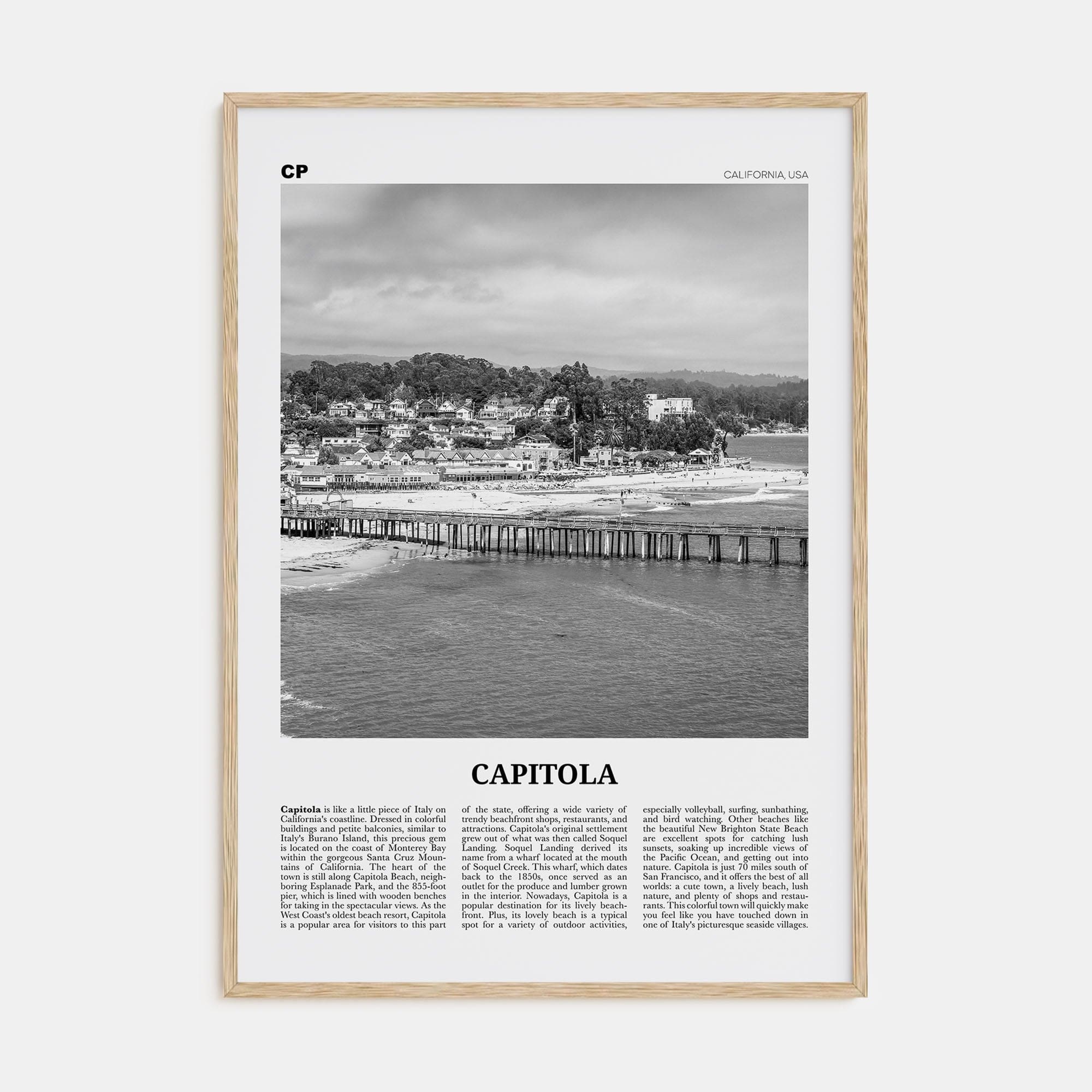 Capitola Poster Natural Wood / 8x12 in Nbourhood Travel B&W Poster