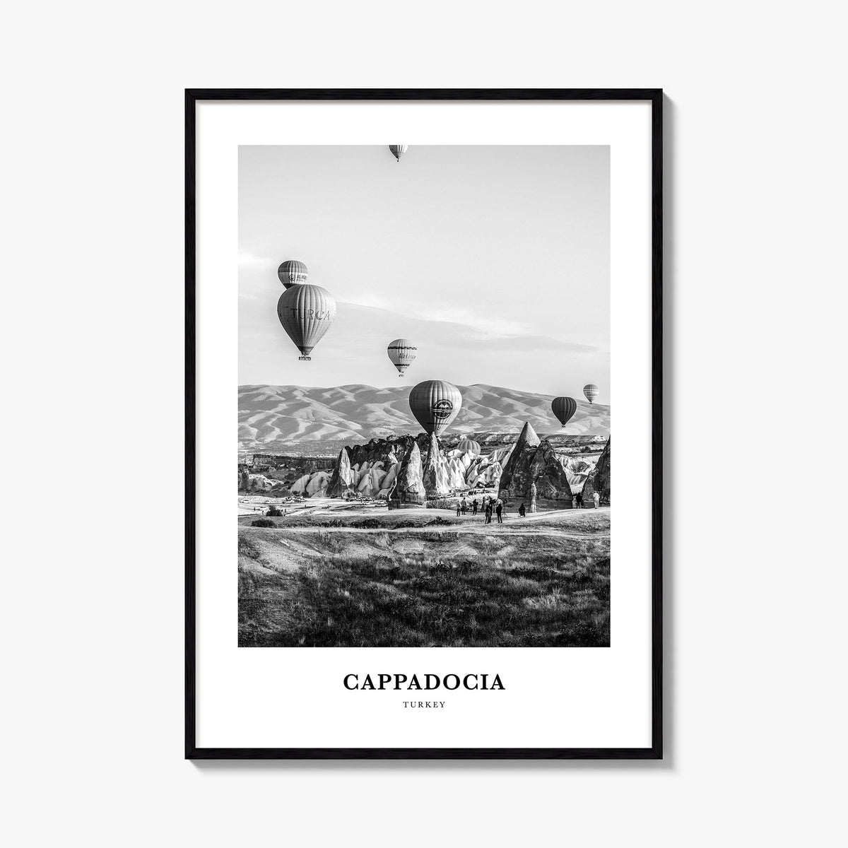 Cappadocia black & white classic poster of Türkiye – vertical wall art, unframed print shown in interior mockup