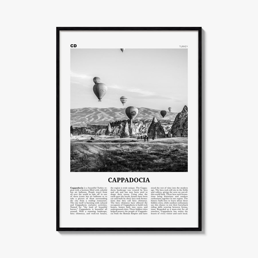 Cappadocia black & white newspaper poster of Türkiye – vertical wall art, unframed print shown in interior mockup