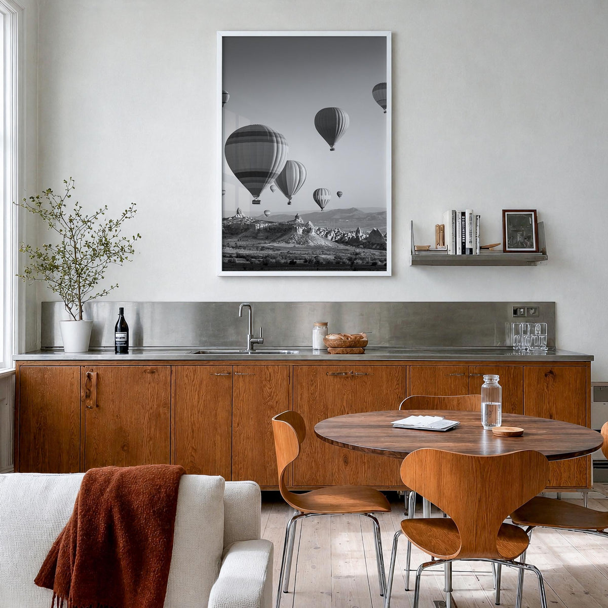 Cappadocia black & white photo poster of Türkiye – vertical wall art in white wood frame, hanging on wall
