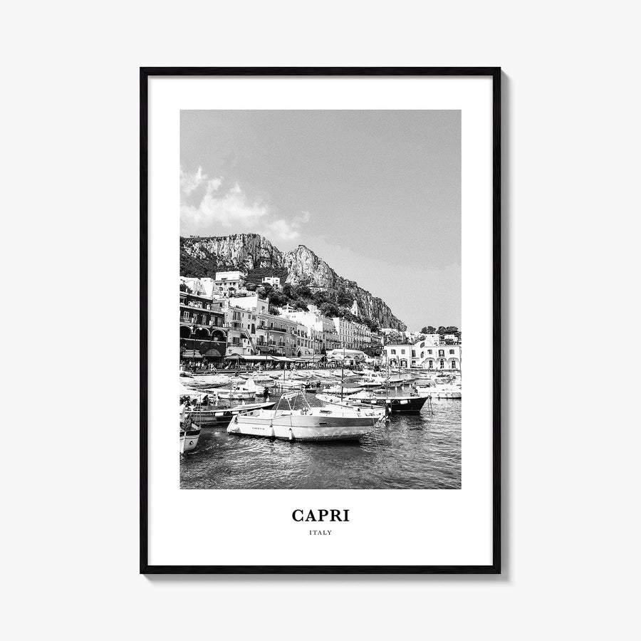 Capri black & white classic poster of Italy – vertical wall art, unframed print shown in interior mockup