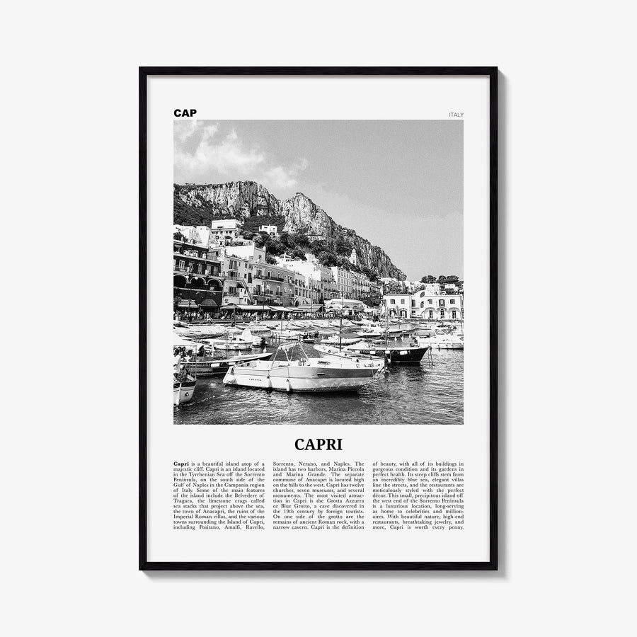 Capri black & white newspaper poster of Italy – vertical wall art, unframed print shown in interior mockup
