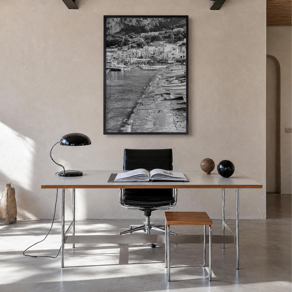 Capri black & white photo poster of Italy – vertical wall art in black wood frame, hanging on wall