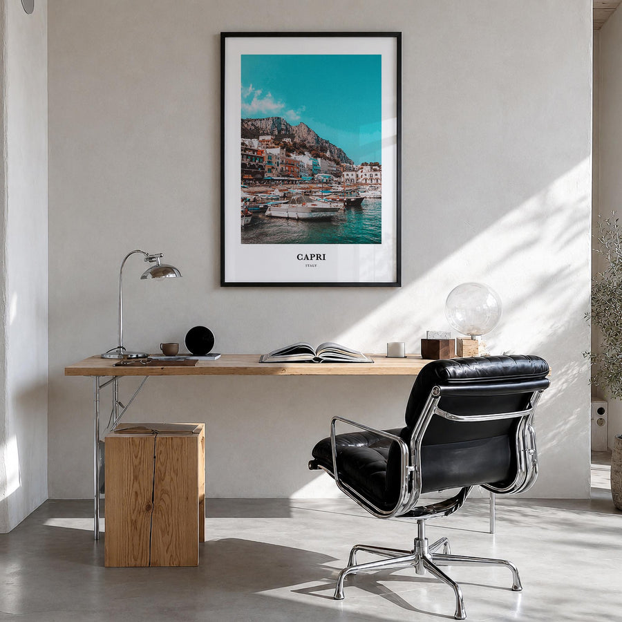 Capri colorful classic poster of Italy – vertical wall art in black wood frame, hanging on wall