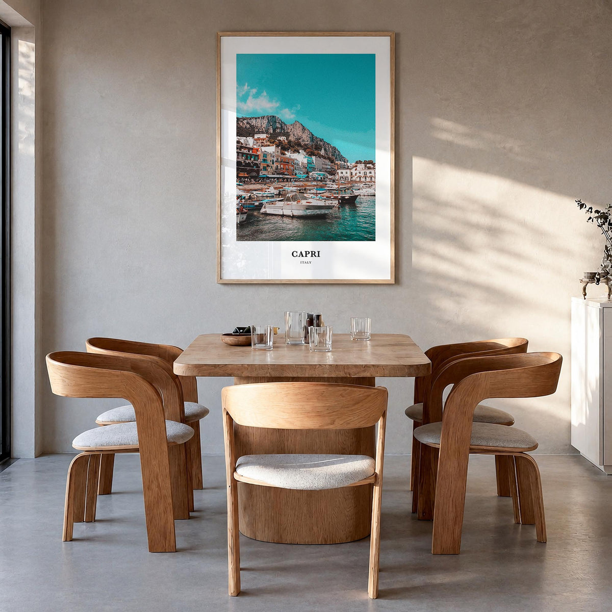 Capri colorful classic poster of Italy – vertical wall art in natural wood frame, hanging on wall