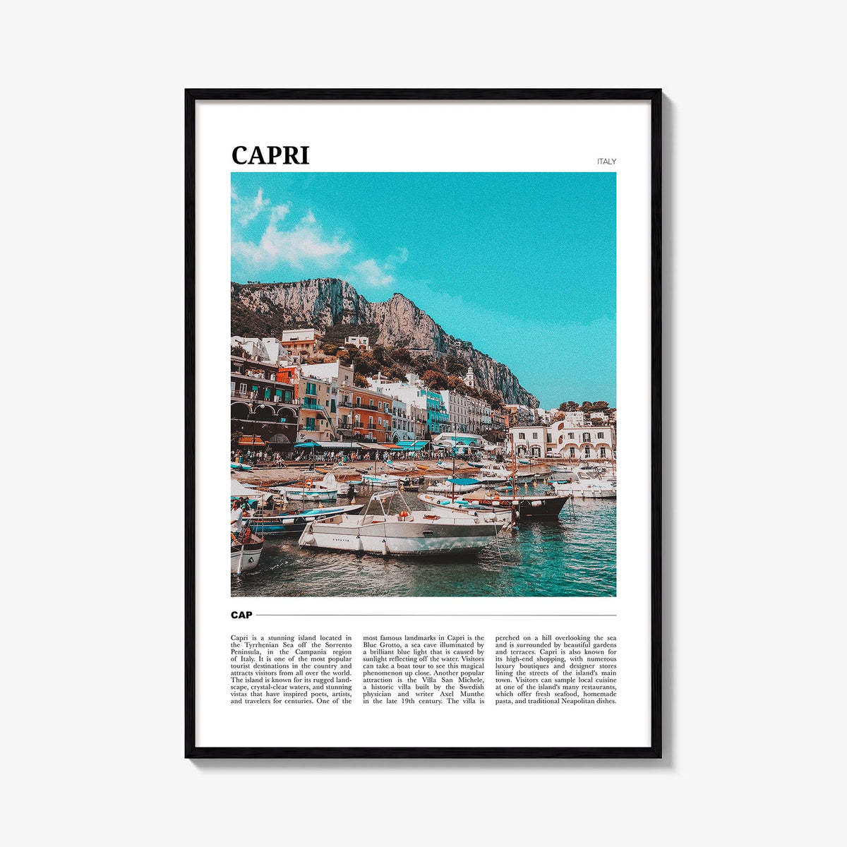 Capri colorful travel poster of Italy – vertical wall art, unframed print shown in interior mockup