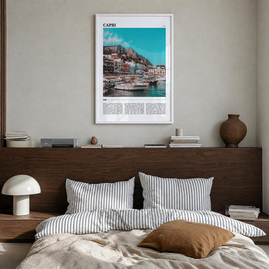 Capri colorful travel poster of Italy – vertical wall art in white wood frame, hanging on wall