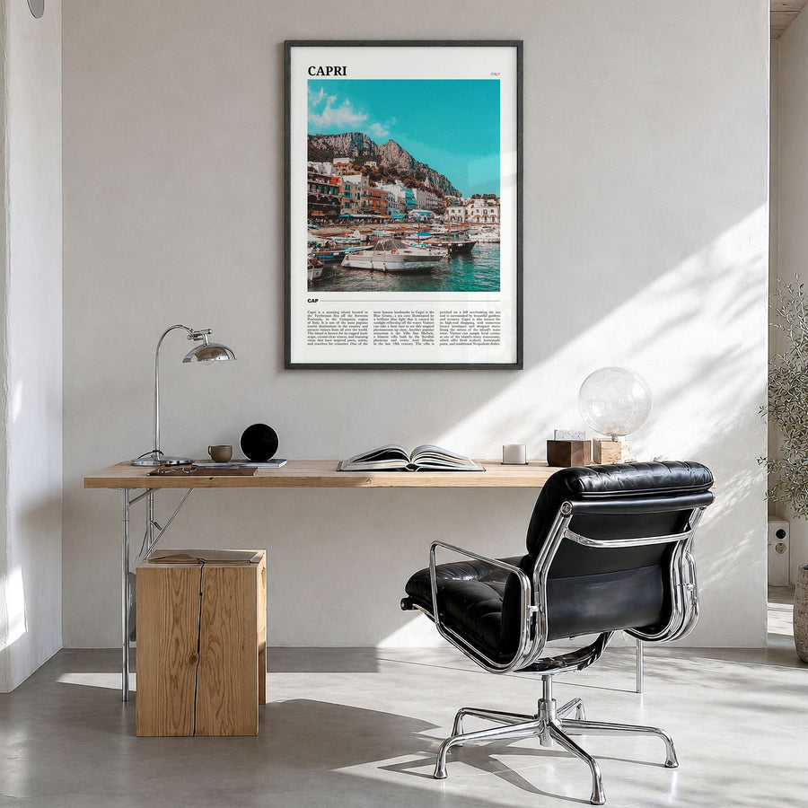 Capri Travel Poster in a black wood frame, hanging in a bright home office
