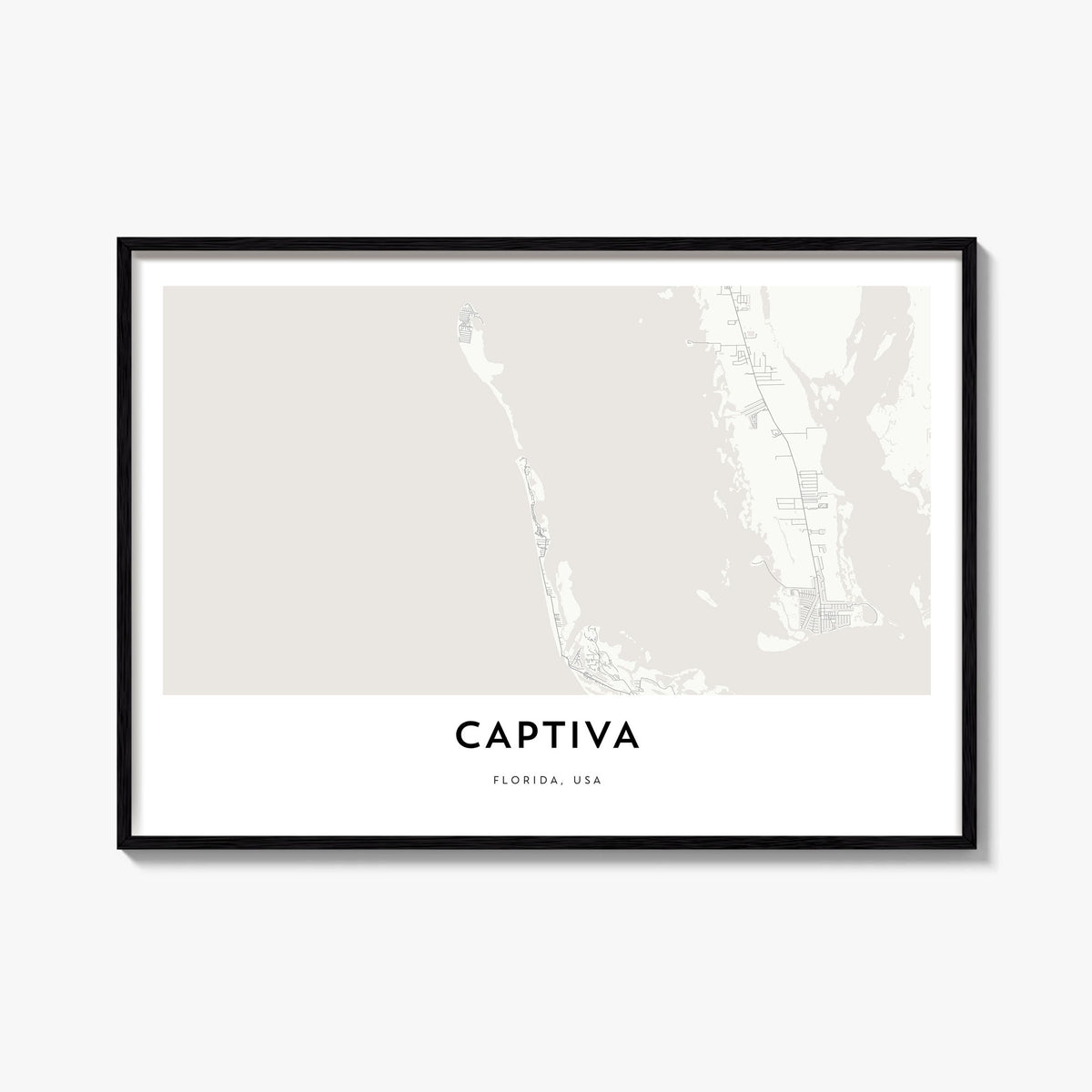 Captiva black & white map poster of Florida, USA – horizontal wall art, unframed print shown in interior mockup