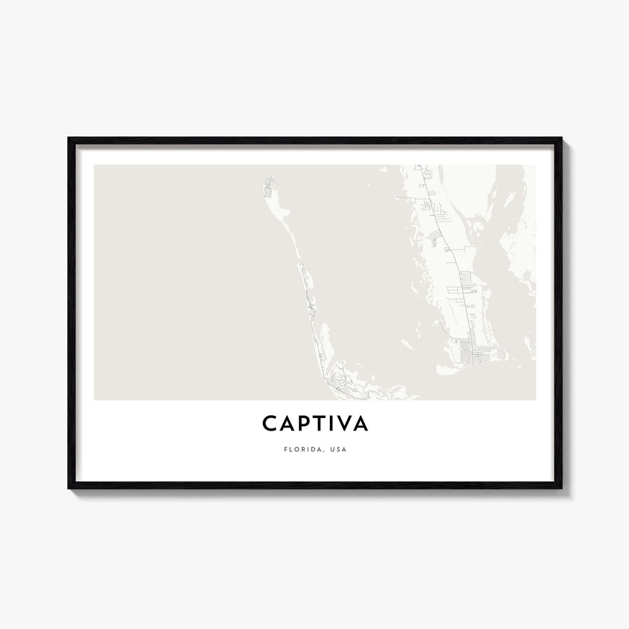 Captiva black & white map poster of Florida, USA – horizontal wall art, unframed print shown in interior mockup