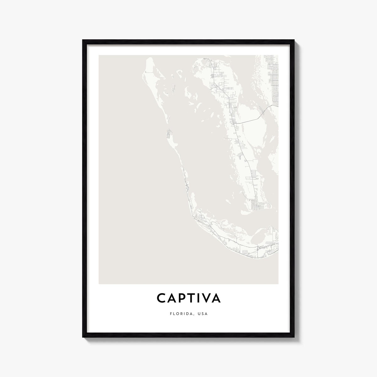 Captiva black & white map poster of Florida, USA – vertical wall art, unframed print shown in interior mockup