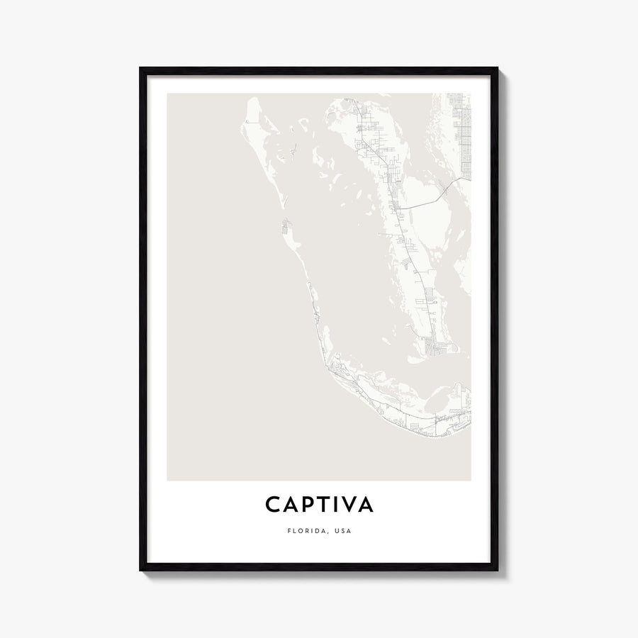Captiva black & white map poster of Florida, USA – vertical wall art, unframed print shown in interior mockup