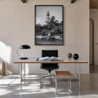 Captiva black & white photo poster of Florida, USA – vertical wall art in black wood frame, hanging on wall