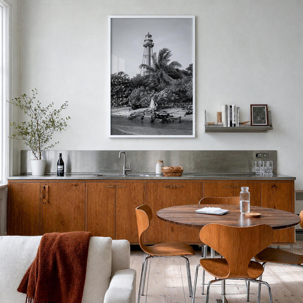 Captiva black & white photo poster of Florida, USA – vertical wall art in white wood frame, hanging on wall