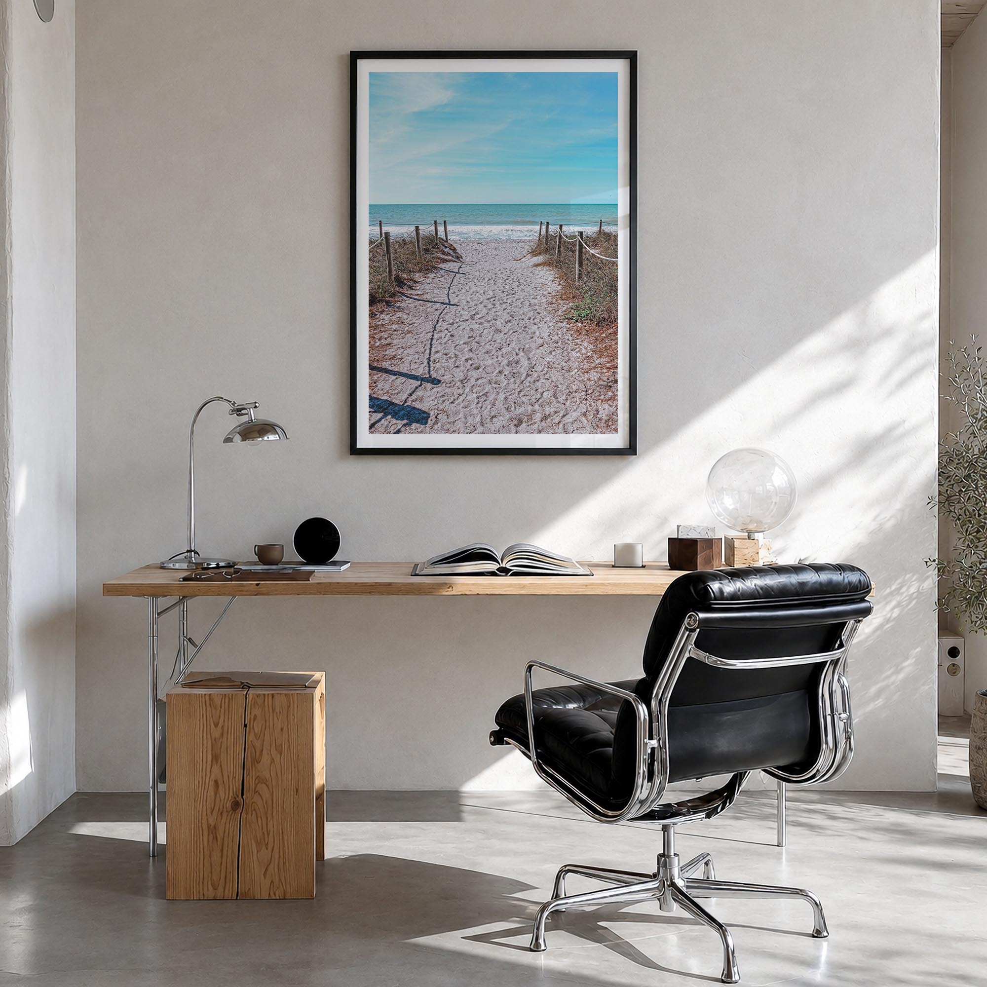 Captiva colorful photo poster of Florida, USA – vertical wall art in black wood frame with white border, hanging on wall