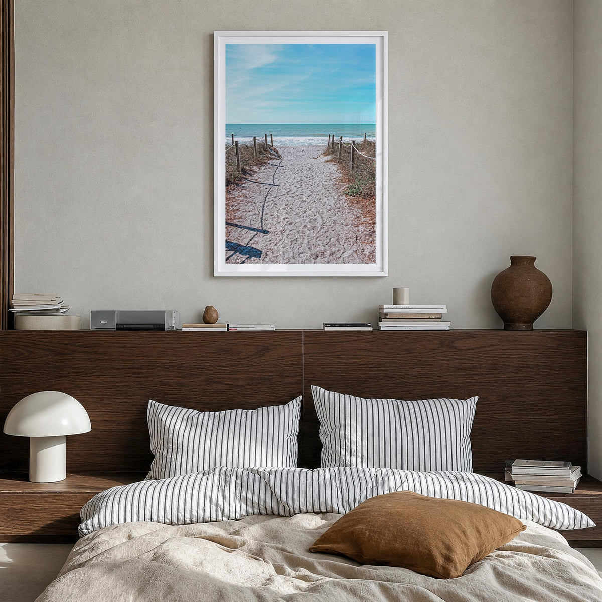 Captiva colorful photo poster of Florida, USA – vertical wall art in white wood frame with white border, hanging on wall